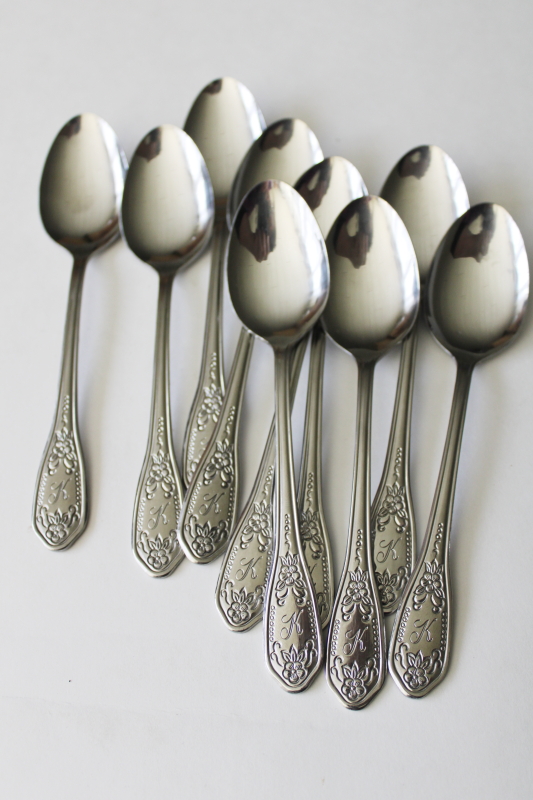 photo of K monogram vintage flatware, ornate handle tea spoons Customcraft stainless Japan #3