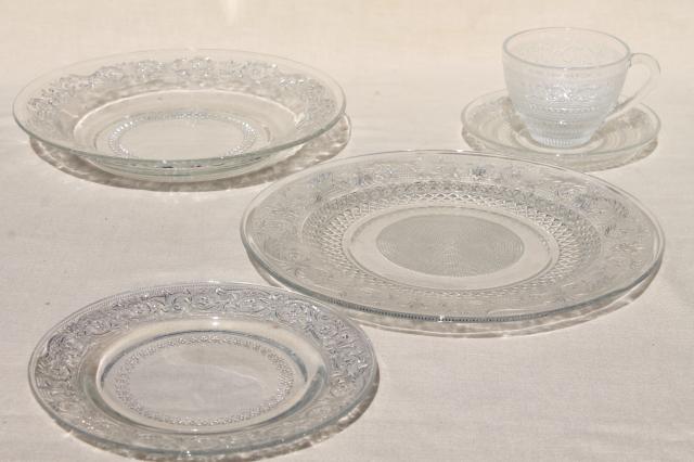 photo of KIG Malaysia sandwich pattern pressed glass dishes, crystal clear dinnerware set for 4 #3