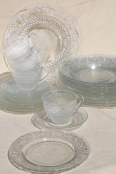 catalog photo of KIG Malaysia sandwich pattern pressed glass dishes, crystal clear dinnerware set for 4