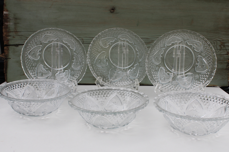photo of KIG crystal clear glass bowls set of 6, hearts roses vintage style pressed glass #1