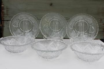catalog photo of KIG crystal clear glass bowls set of 6, hearts roses vintage style pressed glass