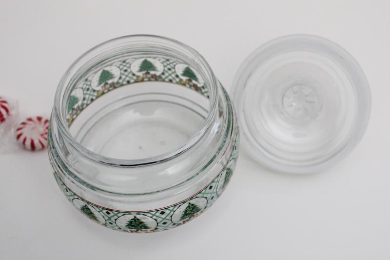 photo of KIG glass canister jar, holiday candy dish w/ Christmas tree print mint green plaid #4