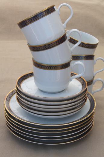 photo of Kahla GDR Germany porcelain demitasse coffee cups & dessert plates set, cobalt blue & gold #2