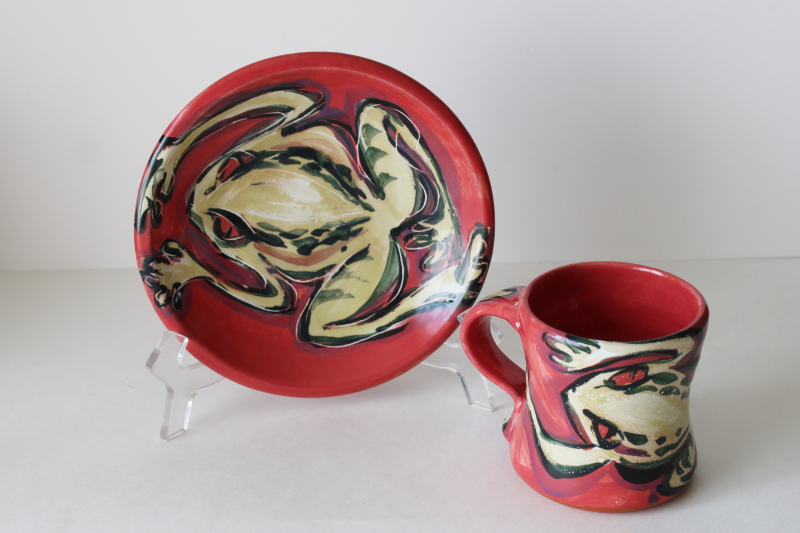 photo of Karin Kraemer signed art pottery hand painted frog mug w/ saucer plate  #1