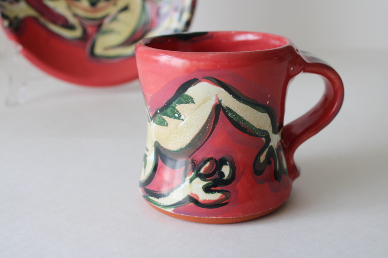 photo of Karin Kraemer signed art pottery hand painted frog mug w/ saucer plate #3