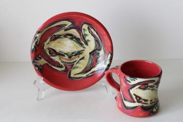 catalog photo of Karin Kraemer signed art pottery hand painted frog mug w/ saucer plate 