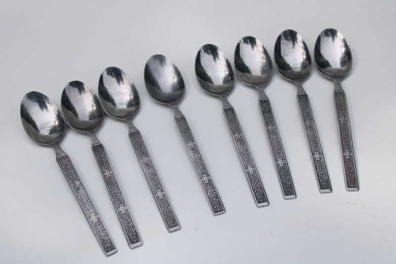 photo of Kashmir pattern National stainless soup spoons set of 8, vintage 1970s MCM style #1