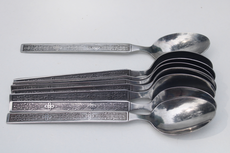 photo of Kashmir pattern National stainless soup spoons set of 8, vintage 1970s MCM style #4