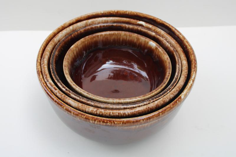 photo of Kathy Kale brown drip glaze McCoy pottery stack of nesting mixing / serving bowls #1