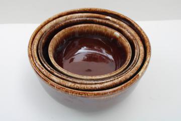 photo of Kathy Kale brown drip glaze McCoy pottery stack of nesting mixing / serving bowls