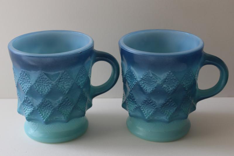 photo of Kimberly pattern shaded blue color milk glass mugs, vintage Anchor Hocking #1