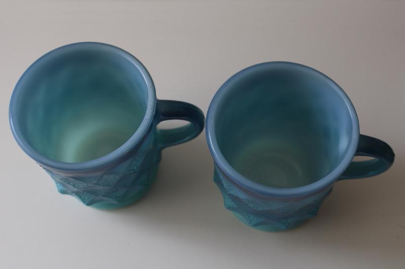 photo of Kimberly pattern shaded blue color milk glass mugs, vintage Anchor Hocking #2