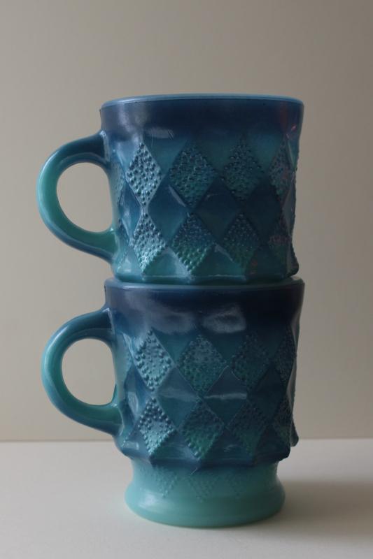 photo of Kimberly pattern shaded blue color milk glass mugs, vintage Anchor Hocking #5