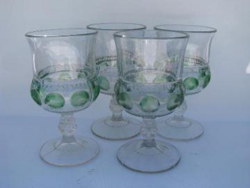 catalog photo of King's Crown green stain vintage pattern glass stemware lot, water glasses