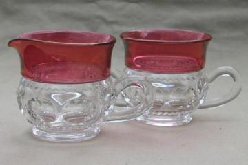 catalog photo of King's Crown pattern glass cream & sugar set w/ ruby band red flashed color