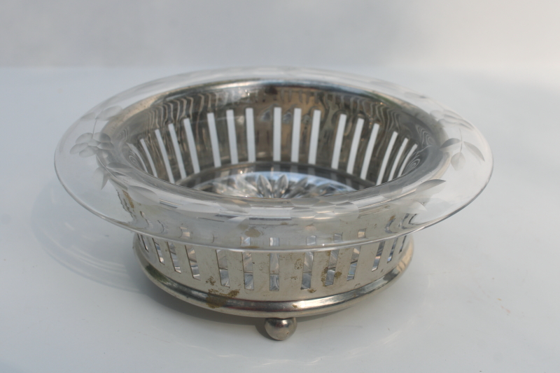 photo of Klever Kraft 1920s 30s vintage art deco silver plated brass basket w/ original glass bowl #1