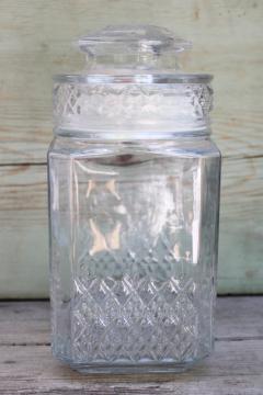 catalog photo of Koeze's old fashioned glass candy jar, vintage clear glass canister w/ lid 