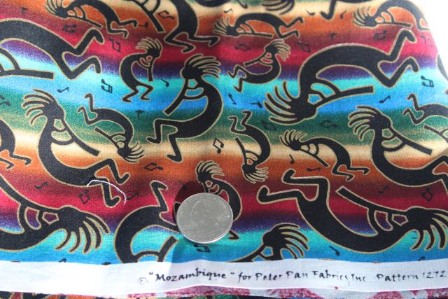 photo of Kokopelli print quilting weight fabric vintage Peter Pan cotton Mozambique rainbow colors #1