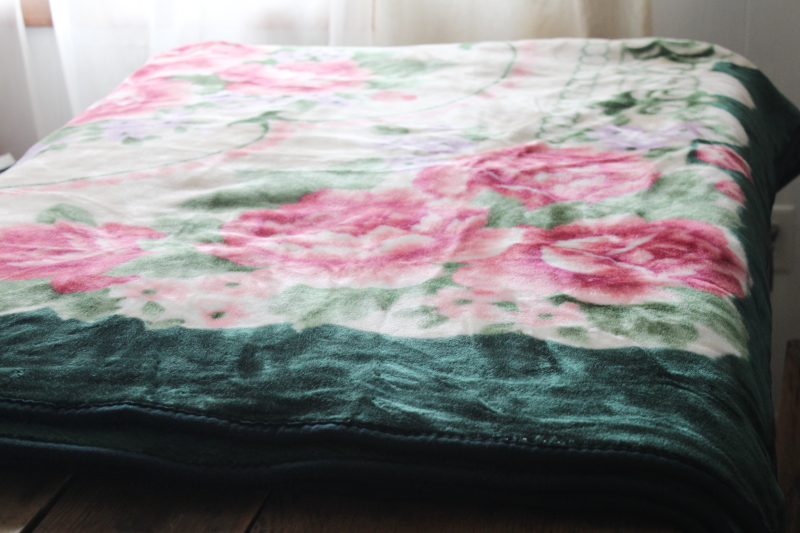 photo of Korean mink soft heavy plush blanket queen size, vintage roses print pink green #3