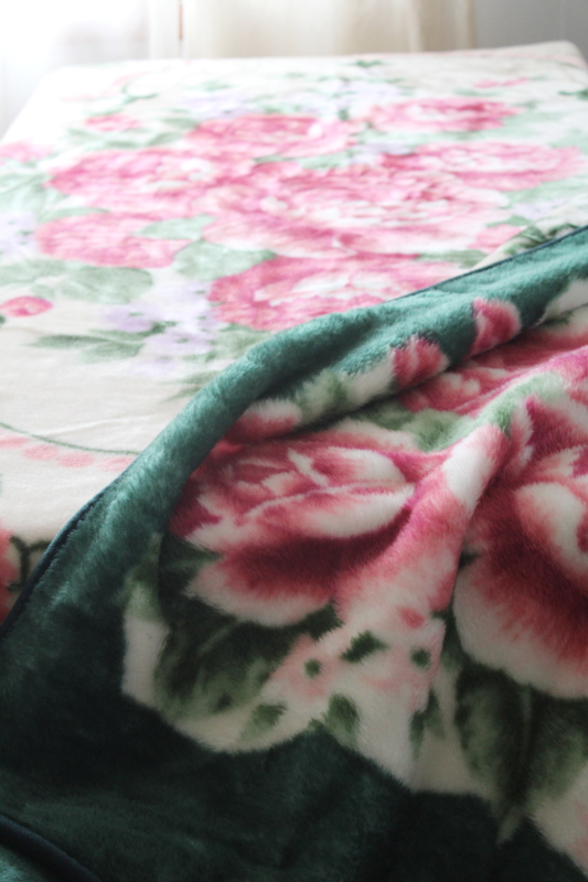 photo of Korean mink soft heavy plush blanket queen size, vintage roses print pink green #6