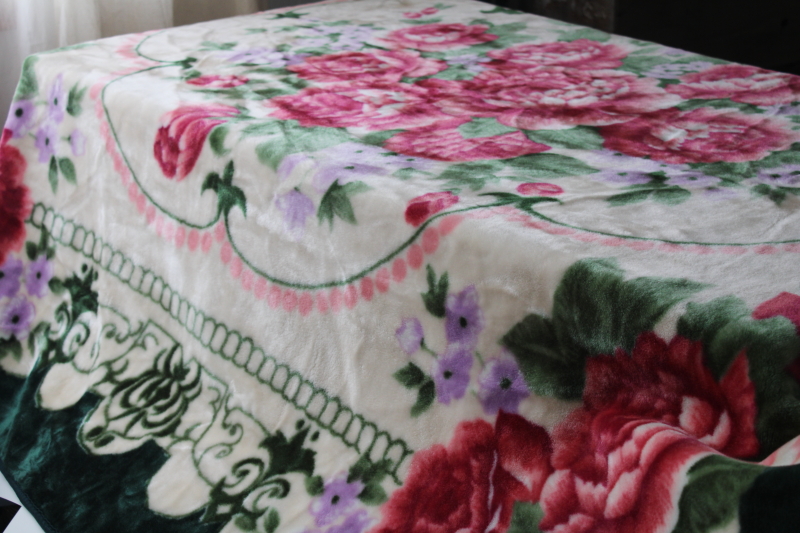photo of Korean mink soft heavy plush blanket queen size, vintage roses print pink green #7