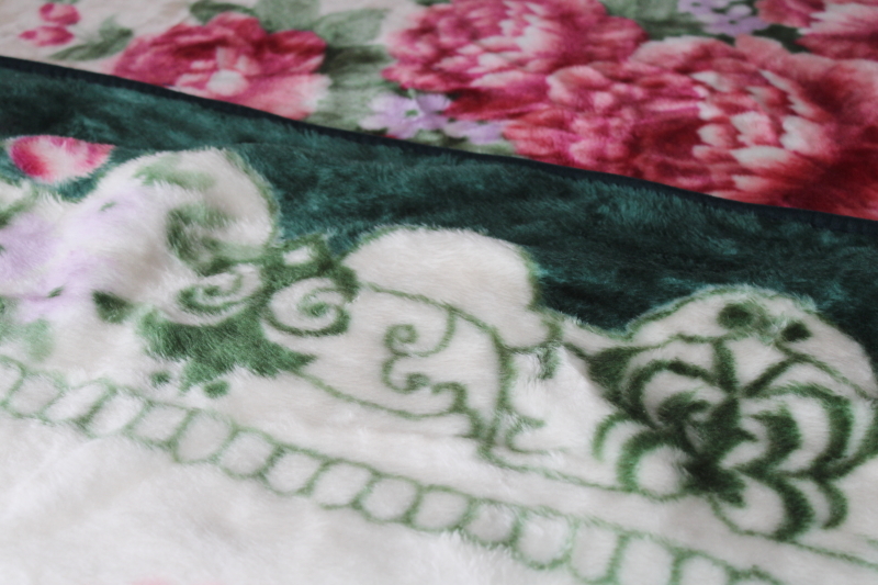 photo of Korean mink soft heavy plush blanket queen size, vintage roses print pink green #11