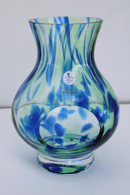 photo of Kosta Sweden hand blown art glass candle holder hurricane shade, green & blue Sea GlasBruk Renate Stock design #1