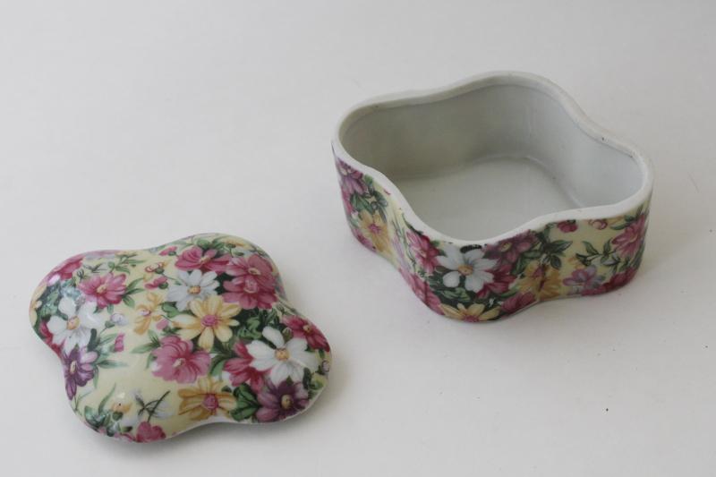 photo of Kreiss Japan ceramic vintage chintz china trinket box, cottage chic floral print #2