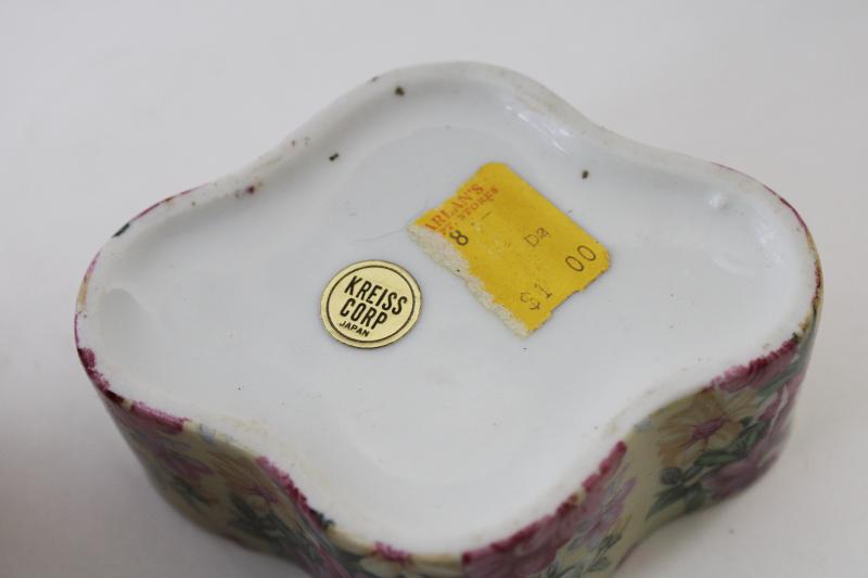 photo of Kreiss Japan ceramic vintage chintz china trinket box, cottage chic floral print #4