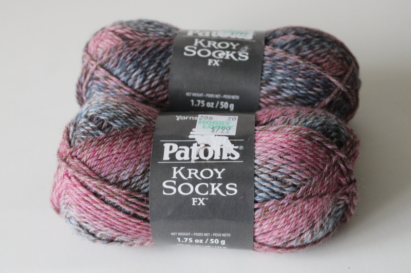 photo of Kroy Socks wool nylon sock knitting yarn, two skeins cameo colors rose pink blue  #1