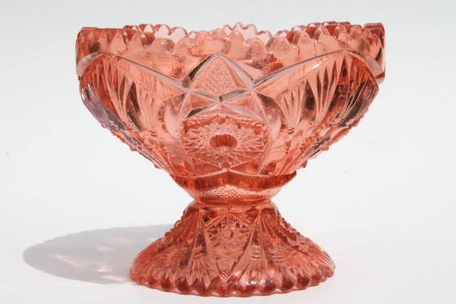 photo of L G Wright pink & green glass candy dishes, sawtooth edge pinwheel whirling star  #8