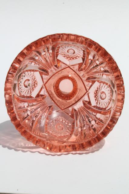 photo of L G Wright pink & green glass candy dishes, sawtooth edge pinwheel whirling star  #9