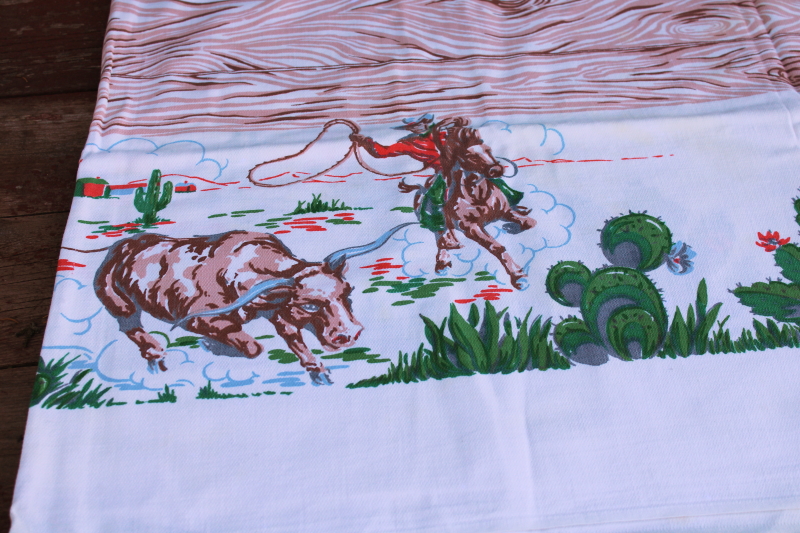 photo of LARGE vintage Startex cotton tablecloth western cowboys rodeo print as is  #1