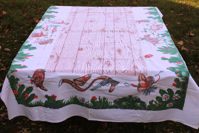 photo of LARGE vintage Startex cotton tablecloth western cowboys rodeo print as is  #7