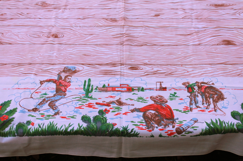 photo of LARGE vintage Startex cotton tablecloth western cowboys rodeo print as is  #8