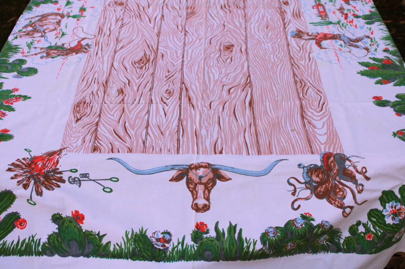 photo of LARGE vintage Startex cotton tablecloth western cowboys rodeo print as is  #9