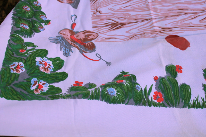 photo of LARGE vintage Startex cotton tablecloth western cowboys rodeo print as is  #11