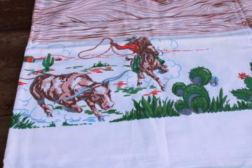 catalog photo of LARGE vintage Startex cotton tablecloth western cowboys rodeo print as is 