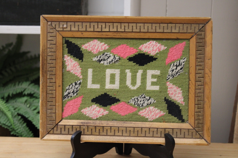 photo of LOVE hand stitched needlepoint picture in carved wood frame, hippie vintage wall art decor #1