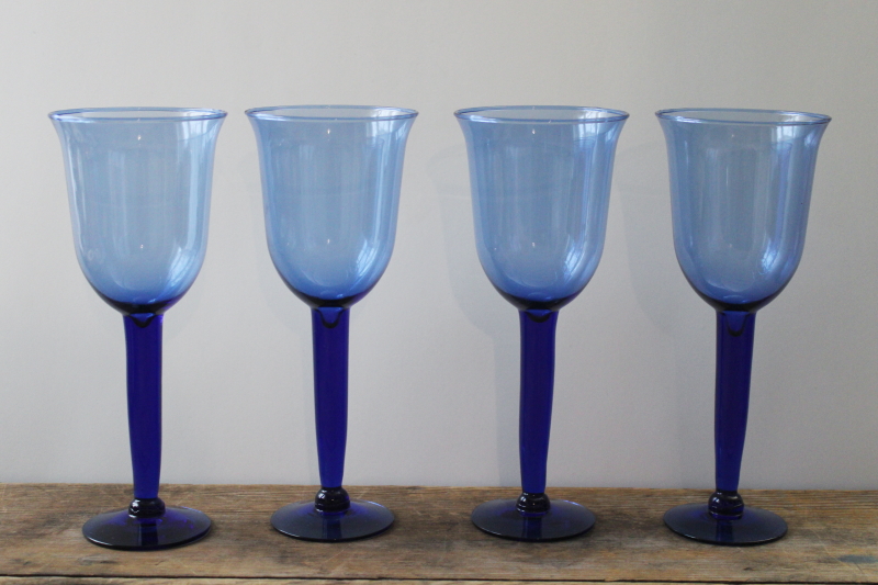 photo of La Mediterranea cobalt blue hand blown Spanish glass goblets, set of 4 wine glasses  #1