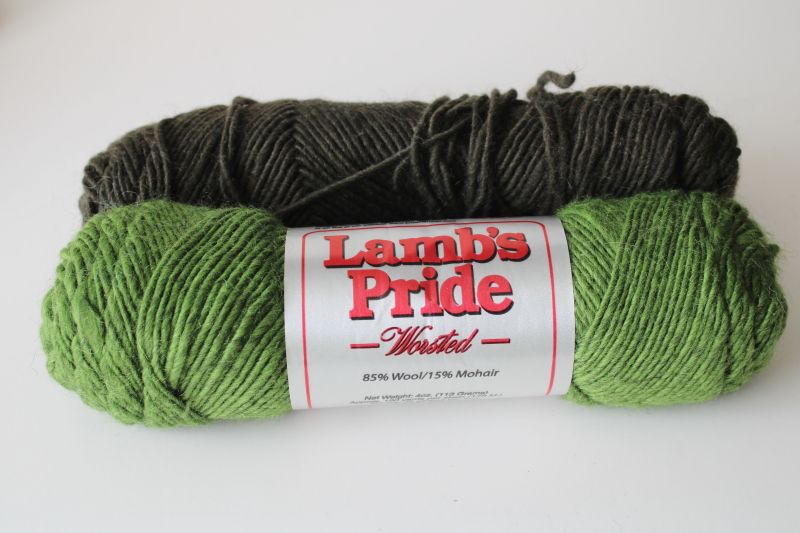 photo of Lamb's Pride worsted weight wool yarn, full skein kiwi green plus dark evergreen forest color  #1