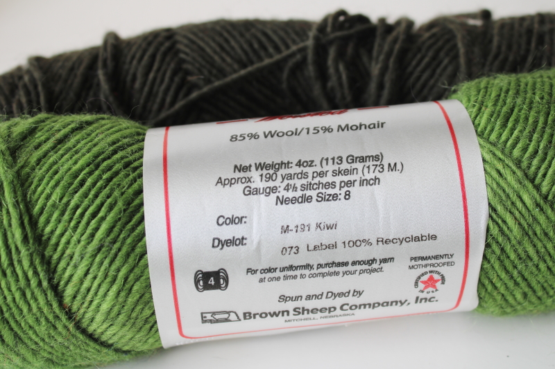photo of Lamb's Pride worsted weight wool yarn, full skein kiwi green plus dark evergreen forest color  #3