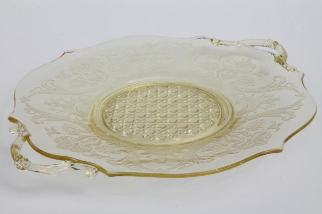 photo of Lancaster Landrum depression glass sandwich tray plate w/ handles, topaz yellow #1