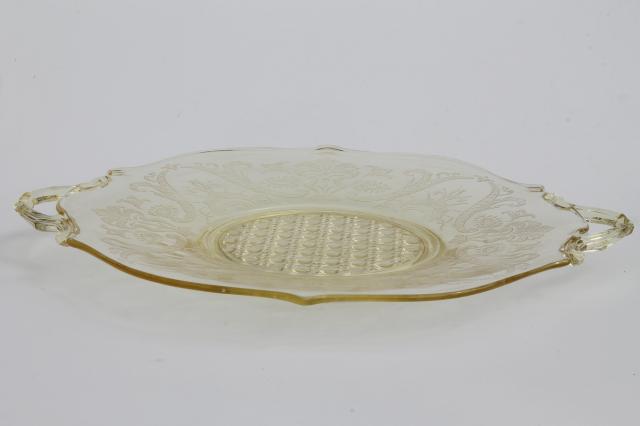 photo of Lancaster Landrum depression glass sandwich tray plate w/ handles, topaz yellow #4