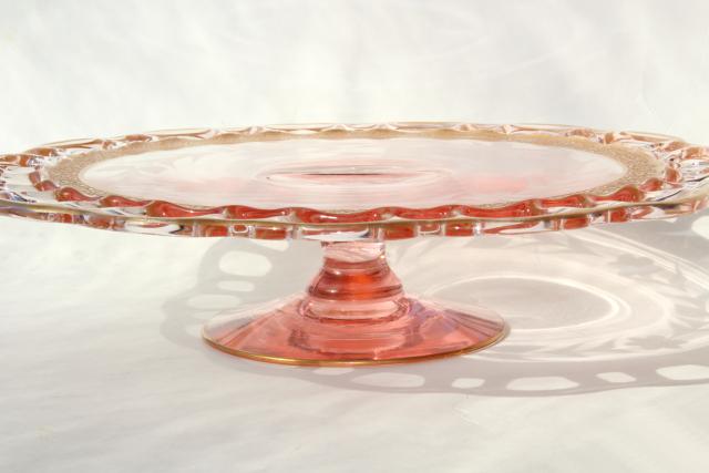 photo of Lancaster glass open work lace edge cake stand, 30s vintage pink depression w/ gold #3