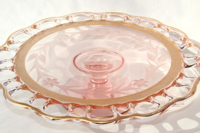 photo of Lancaster glass open work lace edge cake stand, 30s vintage pink depression w/ gold #4