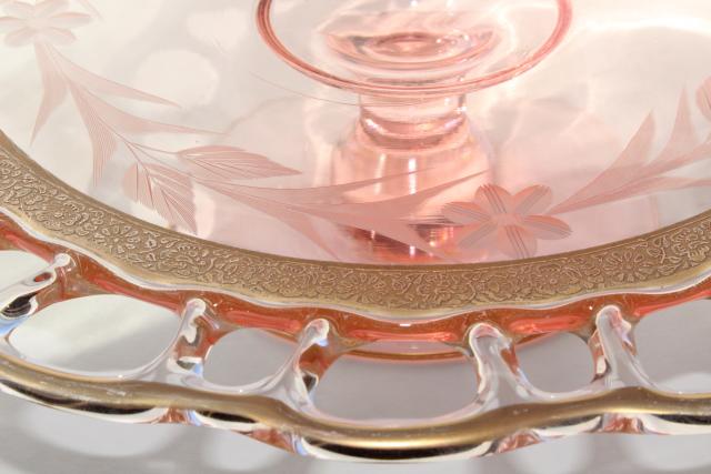 photo of Lancaster glass open work lace edge cake stand, 30s vintage pink depression w/ gold #5