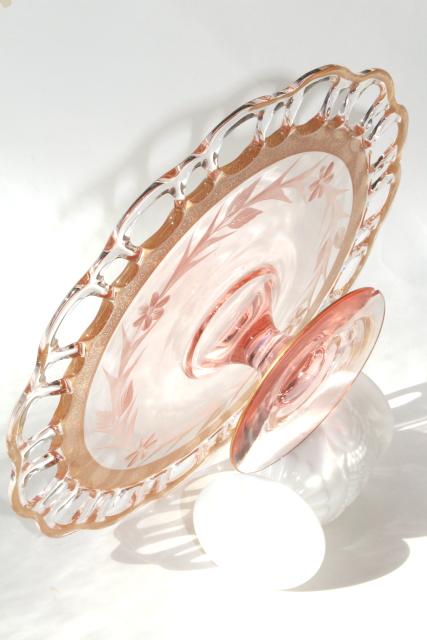 photo of Lancaster glass open work lace edge cake stand, 30s vintage pink depression w/ gold #9