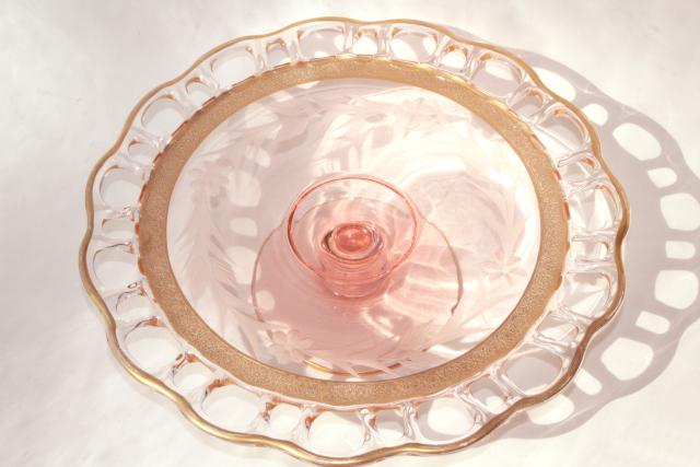 photo of Lancaster glass open work lace edge cake stand, 30s vintage pink depression w/ gold #10