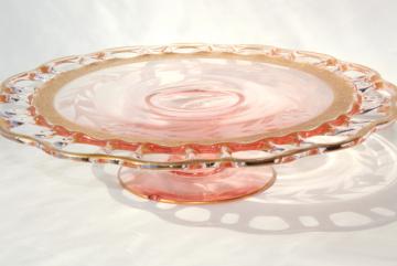 catalog photo of Lancaster glass open work lace edge cake stand, 30s vintage pink depression w/ gold